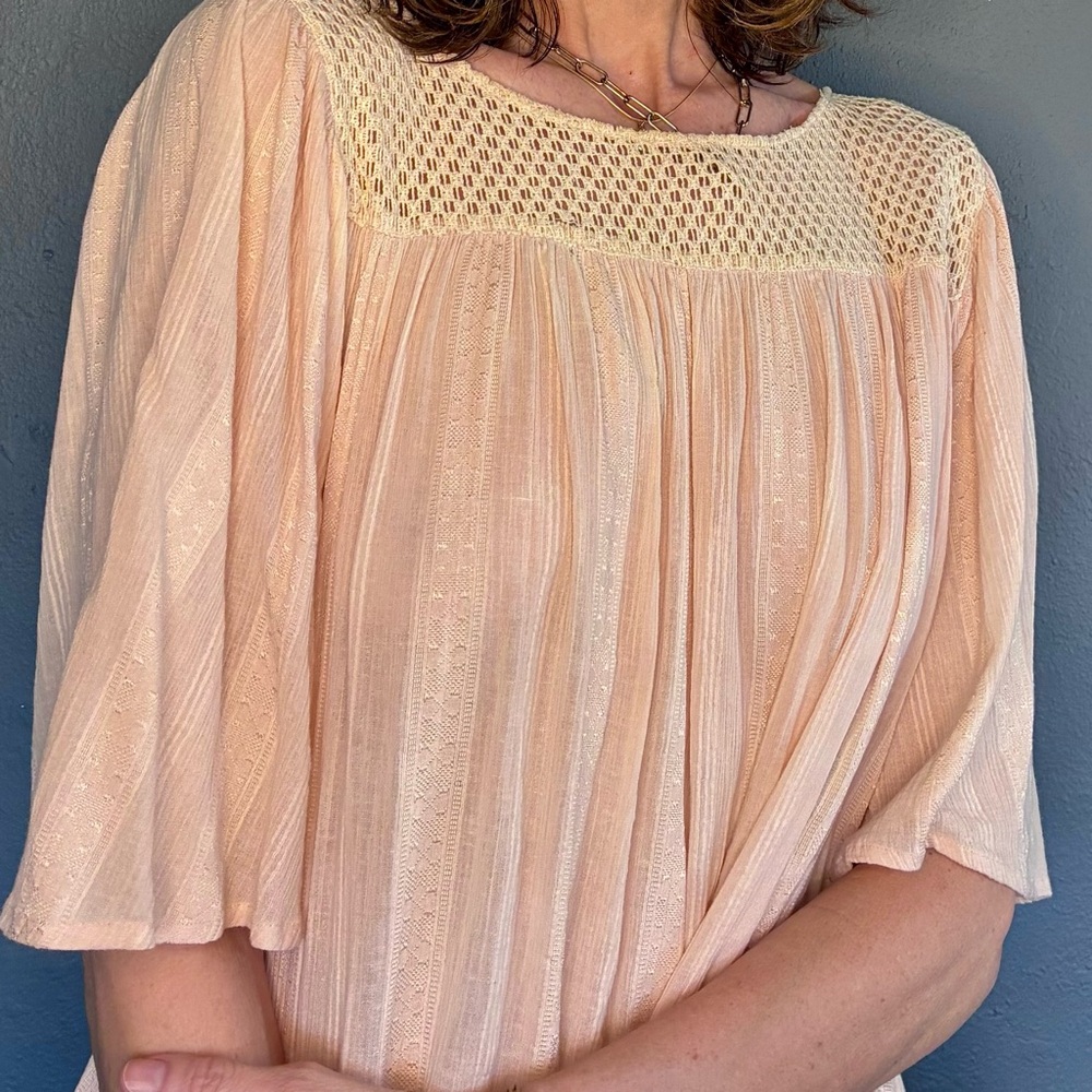 Anthropologie Light Peach Blouse with Crochet Yoke